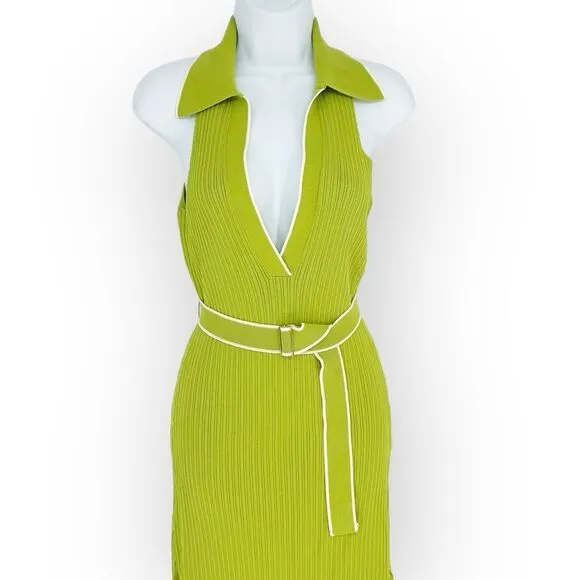 Nicholas Giuliana EUC Sweater Dress Rib‎ Knit Midi Belted Lime Dress - size XS
