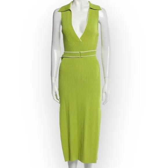 Nicholas Giuliana EUC Sweater Dress Rib‎ Knit Midi Belted Lime Dress - size XS