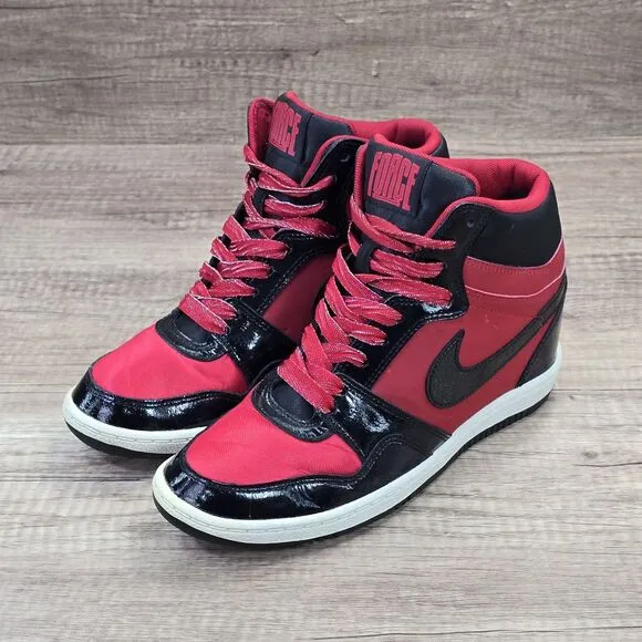 Nike Force Dunk Sky Hi Women's 8.5 Black Red Hidden Wedge Heel Shoes (629746-600
