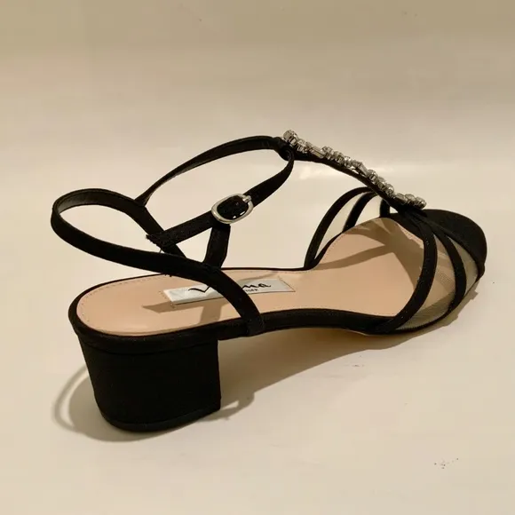 NINA Genova Black Satin Low Chunky Heel Sandal Block Heel Pumps Evening Shoes 8