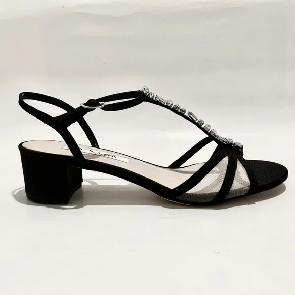 NINA Genova Black Satin Low Chunky Heel Sandal Block Heel Pumps Evening Shoes 8
