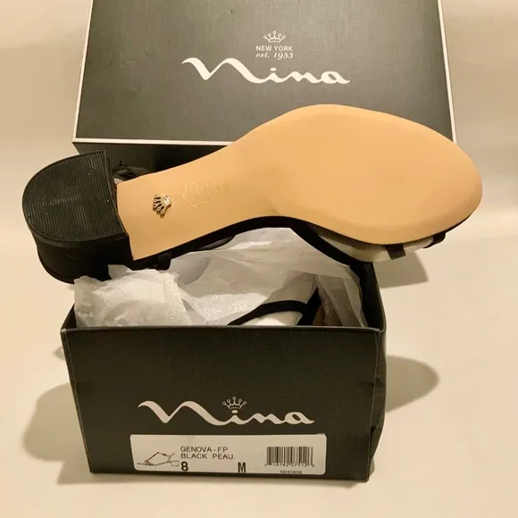 NINA Genova Black Satin Low Chunky Heel Sandal Block Heel Pumps Evening Shoes 8