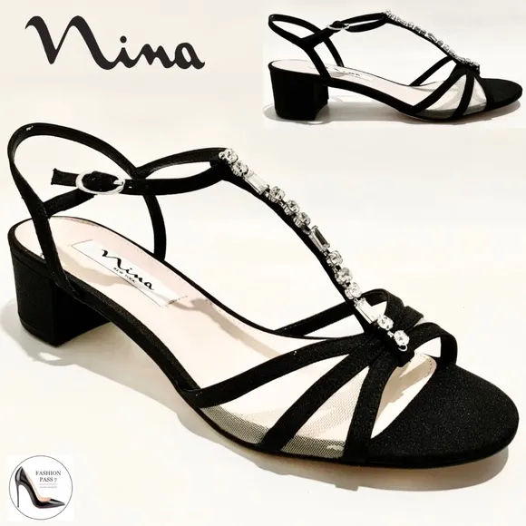 NINA Genova Black Satin Low Chunky Heel Sandal Block Heel Pumps Evening Shoes 8