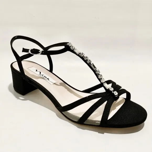 NINA Genova Black Satin Low Chunky Heel Sandal Block Heel Pumps Evening Shoes 8