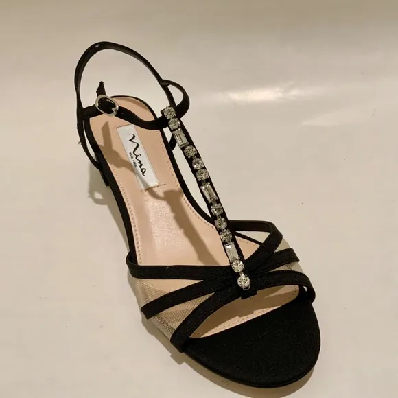 NINA Genova Black Satin Low Chunky Heel Sandal Block Heel Pumps Evening Shoes 8