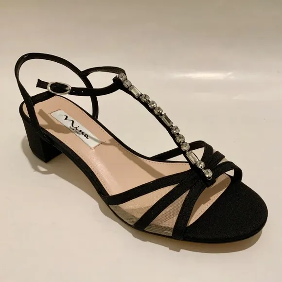 NINA Genova Black Satin Low Chunky Heel Sandal Block Heel Pumps Evening Shoes 8