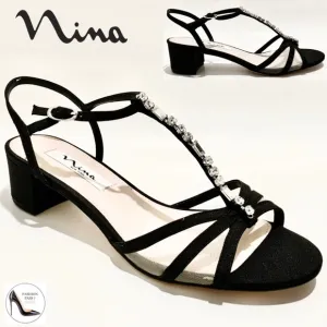 NINA Genova Black Satin Low Chunky Heel Sandal Block Heel Pumps Evening Shoes 8