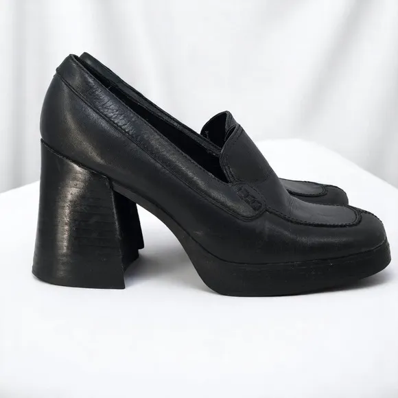 Nine &amp; Co Woman 7.5M Platform Block Heel Loafers Chunky Heel Black Leather Y2K