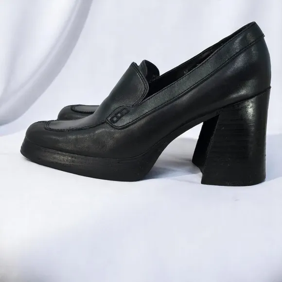 Nine &amp; Co Woman 7.5M Platform Block Heel Loafers Chunky Heel Black Leather Y2K