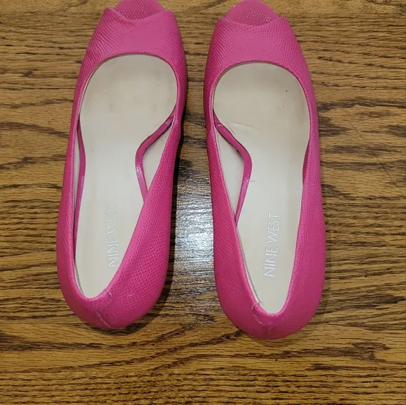 Nine West Hot Pink Genuine Leather Platform Peep Toe Sandal Shoes Pumps Heels