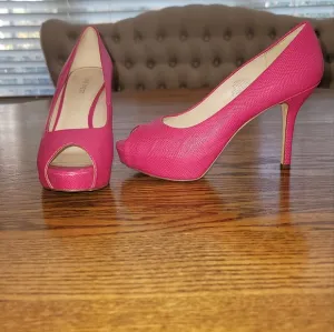 Nine West Hot Pink Genuine Leather Platform Peep Toe Sandal Shoes Pumps Heels