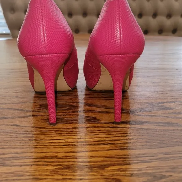 Nine West Hot Pink Genuine Leather Platform Peep Toe Sandal Shoes Pumps Heels