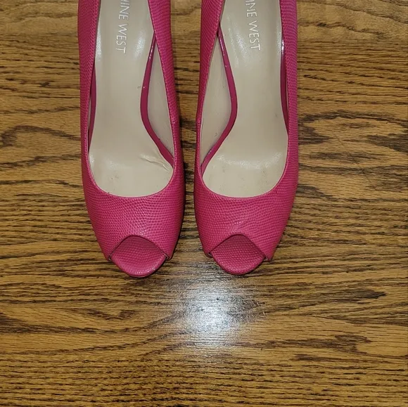 Nine West Hot Pink Genuine Leather Platform Peep Toe Sandal Shoes Pumps Heels