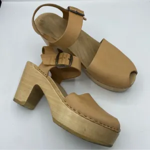 No. 6 Jane Clogs Platform Peep Toe Khaki Tan Natural Leather Wooden Sole USA 41