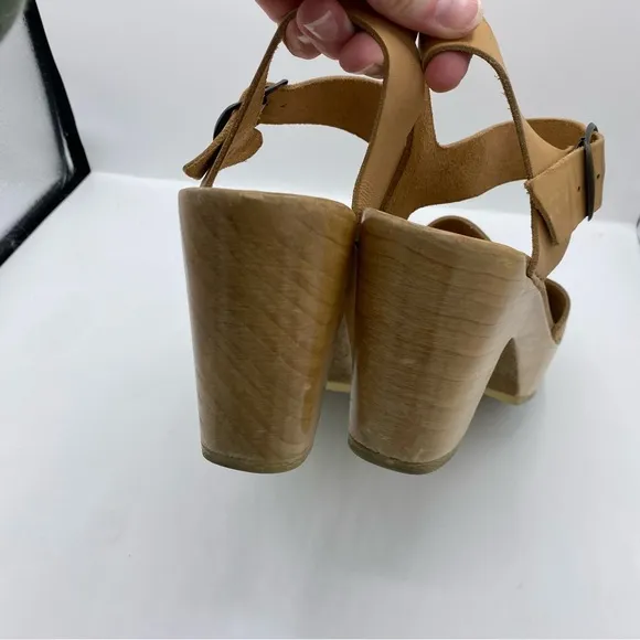No. 6 Jane Clogs Platform Peep Toe Khaki Tan Natural Leather Wooden Sole USA 41