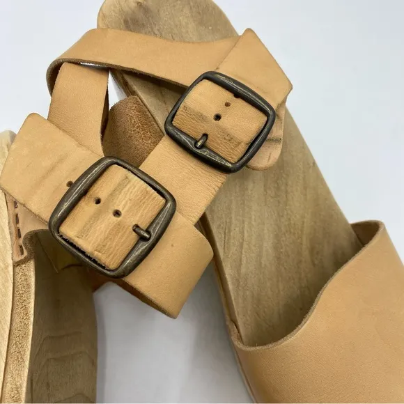No. 6 Jane Clogs Platform Peep Toe Khaki Tan Natural Leather Wooden Sole USA 41
