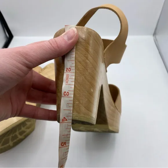 No. 6 Jane Clogs Platform Peep Toe Khaki Tan Natural Leather Wooden Sole USA 41