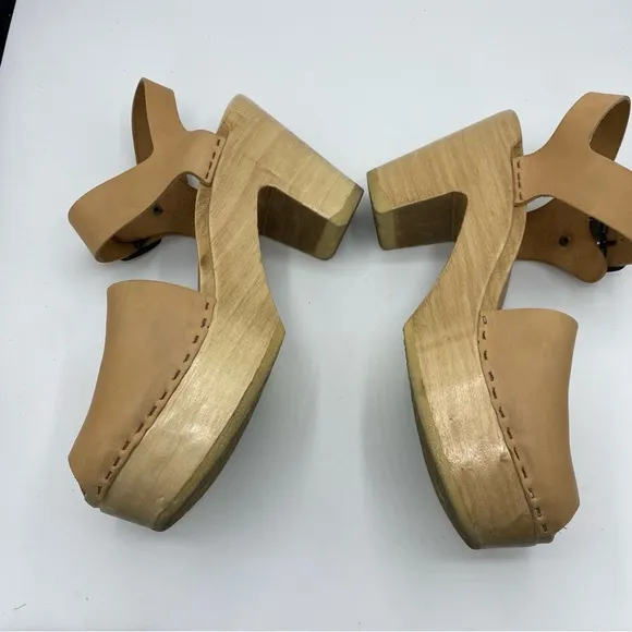 No. 6 Jane Clogs Platform Peep Toe Khaki Tan Natural Leather Wooden Sole USA 41