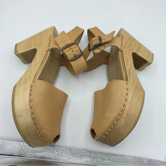 No. 6 Jane Clogs Platform Peep Toe Khaki Tan Natural Leather Wooden Sole USA 41