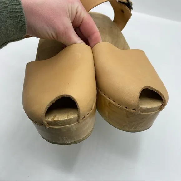 No. 6 Jane Clogs Platform Peep Toe Khaki Tan Natural Leather Wooden Sole USA 41