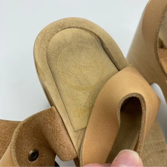 No. 6 Jane Clogs Platform Peep Toe Khaki Tan Natural Leather Wooden Sole USA 41