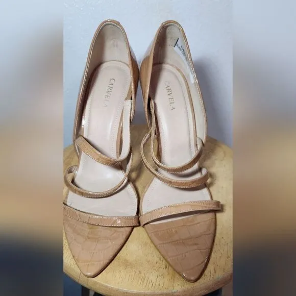 NWOB Carvela Gravitate Croc Embossed Heel Sandals Size 10 in Nude Tan