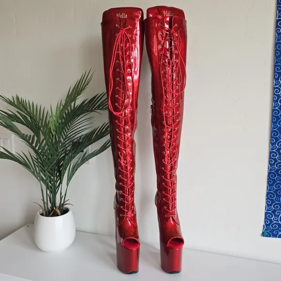 NWOB Hella Heels Glitterati Kansass Thigh High Boots 8&quot; Heel Open Toe Front Lace