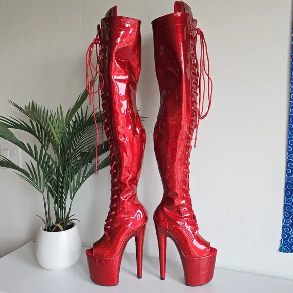NWOB Hella Heels Glitterati Kansass Thigh High Boots 8&quot; Heel Open Toe Front Lace