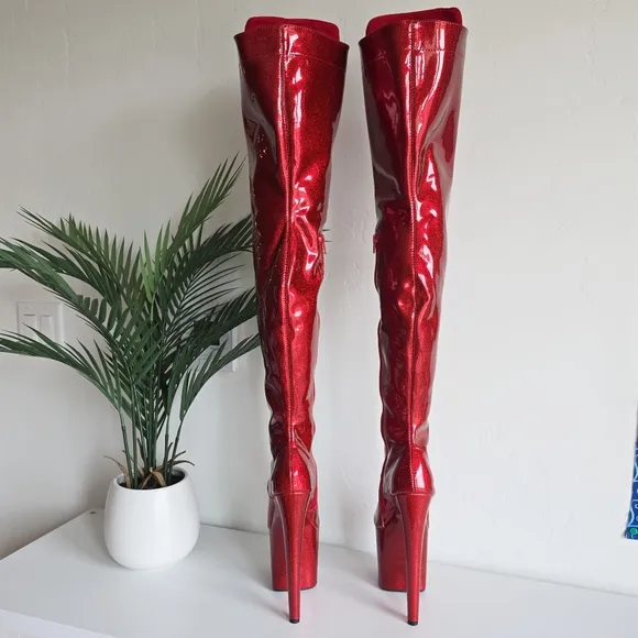 NWOB Hella Heels Glitterati Kansass Thigh High Boots 8&quot; Heel Open Toe Front Lace