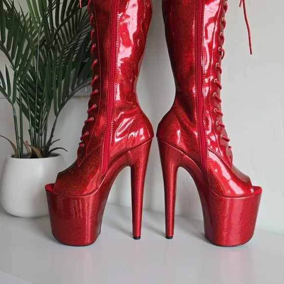 NWOB Hella Heels Glitterati Kansass Thigh High Boots 8&quot; Heel Open Toe Front Lace
