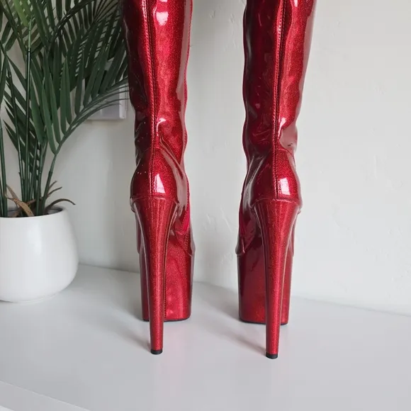 NWOB Hella Heels Glitterati Kansass Thigh High Boots 8&quot; Heel Open Toe Front Lace