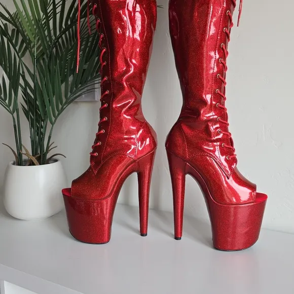 NWOB Hella Heels Glitterati Kansass Thigh High Boots 8&quot; Heel Open Toe Front Lace
