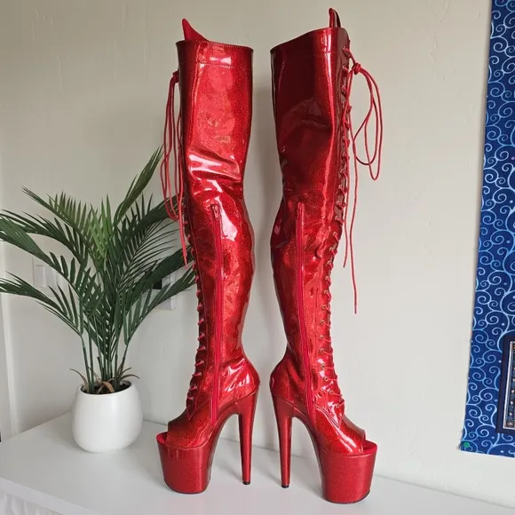 NWOB Hella Heels Glitterati Kansass Thigh High Boots 8&quot; Heel Open Toe Front Lace