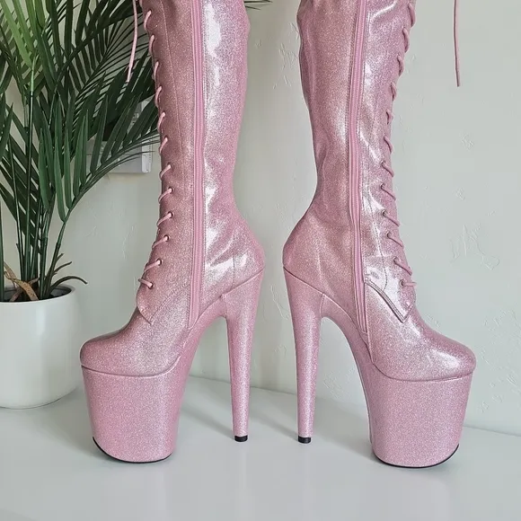 NWOB Hella Heels Glitterati Sugar Baby Thigh High Boots 8&quot; Heel Front Lace Pole