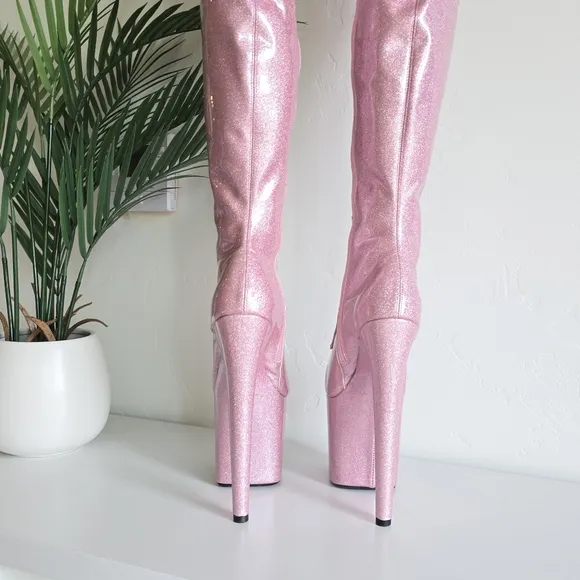 NWOB Hella Heels Glitterati Sugar Baby Thigh High Boots 8&quot; Heel Front Lace Pole