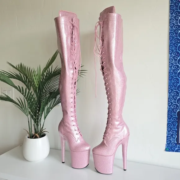 NWOB Hella Heels Glitterati Sugar Baby Thigh High Boots 8&quot; Heel Front Lace Pole