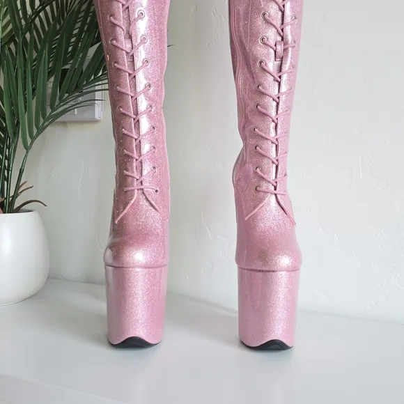 NWOB Hella Heels Glitterati Sugar Baby Thigh High Boots 8&quot; Heel Front Lace Pole