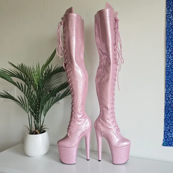 NWOB Hella Heels Glitterati Sugar Baby Thigh High Boots 8&quot; Heel Front Lace Pole