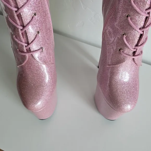 NWOB Hella Heels Glitterati Sugar Baby Thigh High Boots 8&quot; Heel Front Lace Pole
