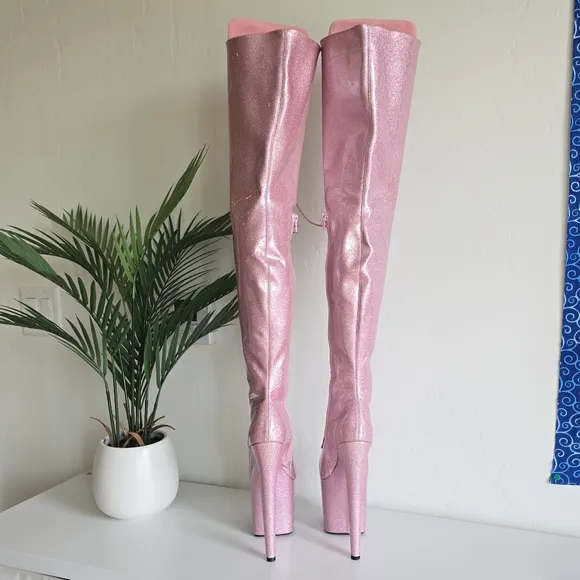 NWOB Hella Heels Glitterati Sugar Baby Thigh High Boots 8&quot; Heel Front Lace Pole