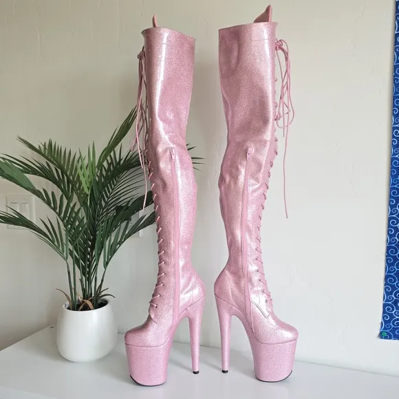 NWOB Hella Heels Glitterati Sugar Baby Thigh High Boots 8&quot; Heel Front Lace Pole