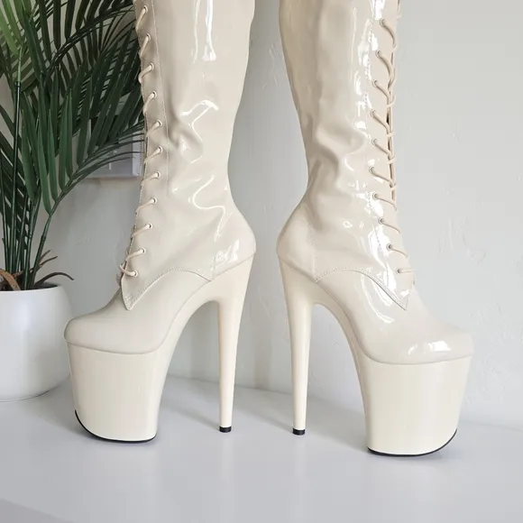NWOB Hella Heels Lipkit No Angel Front Lace Thigh High Boot 8&quot; Heel Off White
