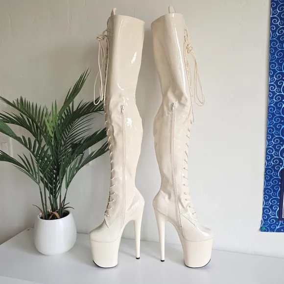 NWOB Hella Heels Lipkit No Angel Front Lace Thigh High Boot 8&quot; Heel Off White