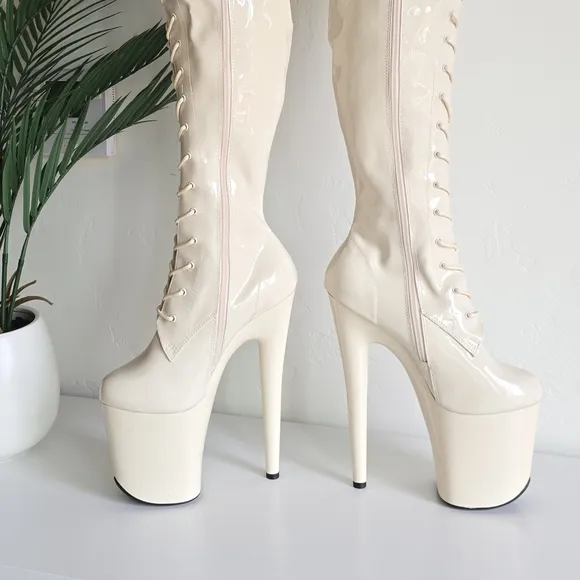NWOB Hella Heels Lipkit No Angel Front Lace Thigh High Boot 8&quot; Heel Off White