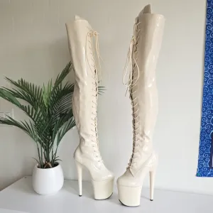 NWOB Hella Heels Lipkit No Angel Front Lace Thigh High Boot 8&quot; Heel Off White