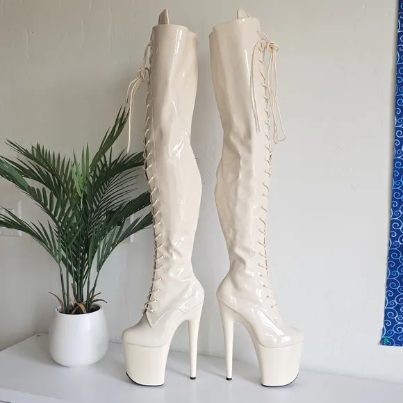NWOB Hella Heels Lipkit No Angel Front Lace Thigh High Boot 8&quot; Heel Off White