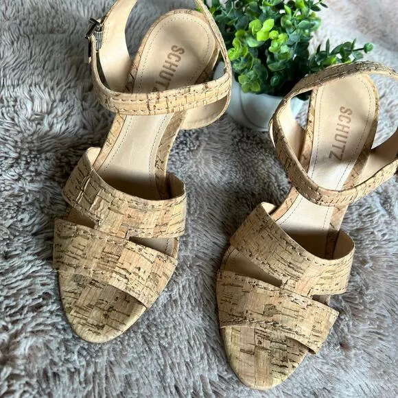 NWOB Schutz Cork 'Gwen' Ankle Strap Sandals with Heel Size: 10B