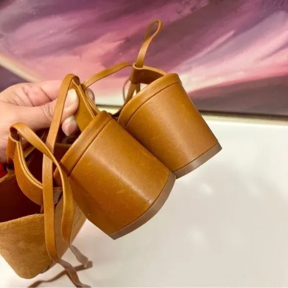 NWOB Vince Dunaway Ankle Tie Block Heel Hazelnut Brown Leather Sandal Size 7.5