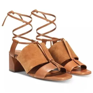NWOB Vince Dunaway Ankle Tie Block Heel Hazelnut Brown Leather Sandal Size 7.5
