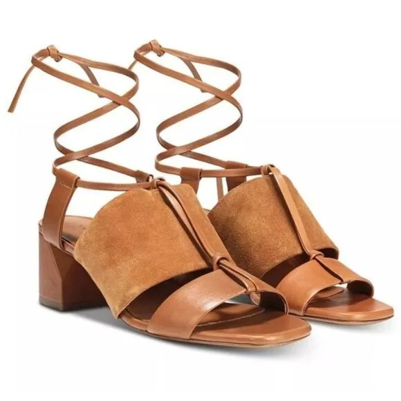 NWOB Vince Dunaway Ankle Tie Block Heel Hazelnut Brown Leather Sandal Size 7.5
